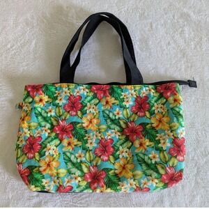 Tropical Floral‎ Zipper Tote Bag Hibiscus & Plumeria Hawaiian Print Vacation